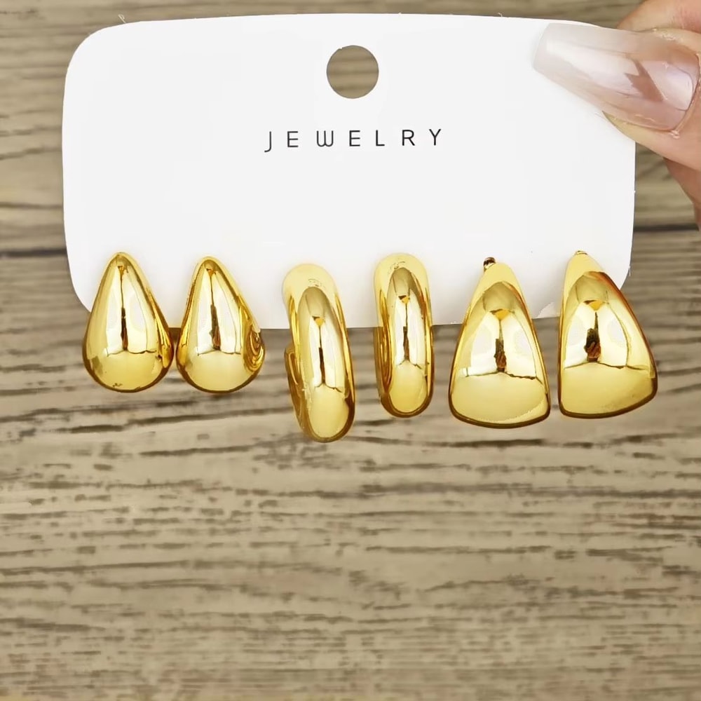6Piece Chunky Gold Plated Waterdrop Hoop Earrings For Women 6
