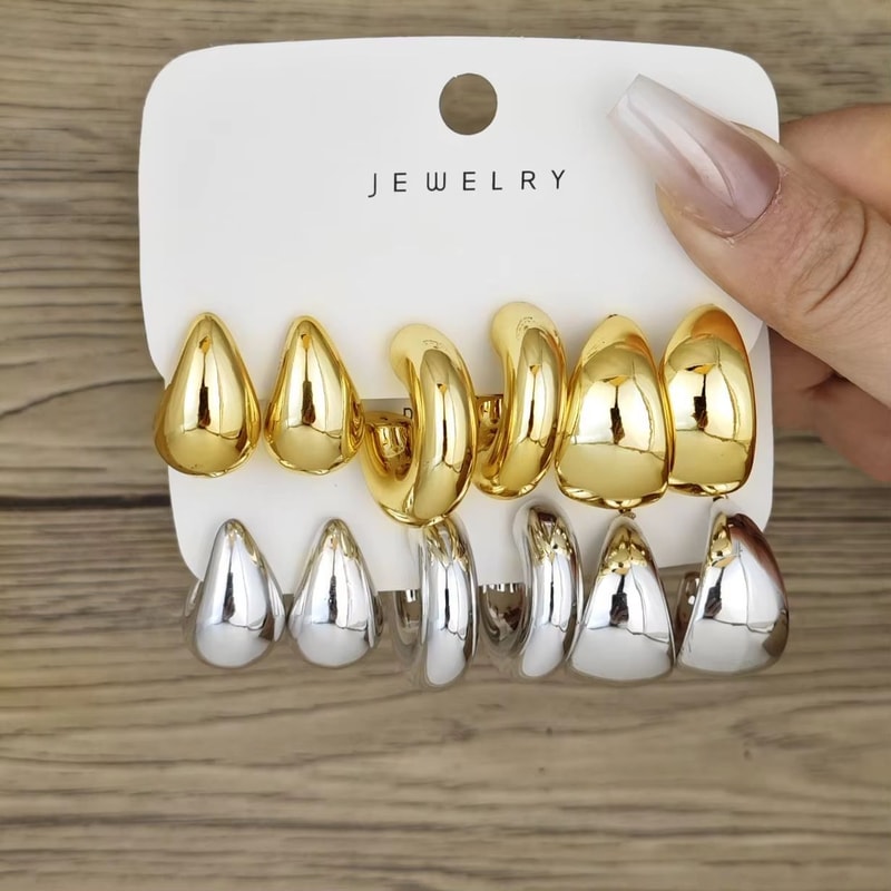 6Piece Chunky Gold Plated Waterdrop Hoop Earrings For Women 7