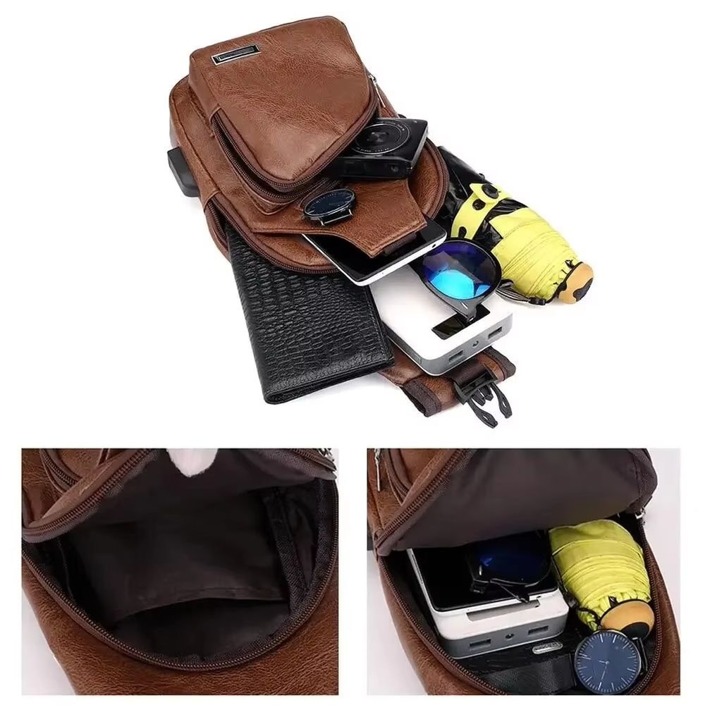 Mens PU Leather USB Charging Chest Bag Crossbody For Commuting And Travel 5