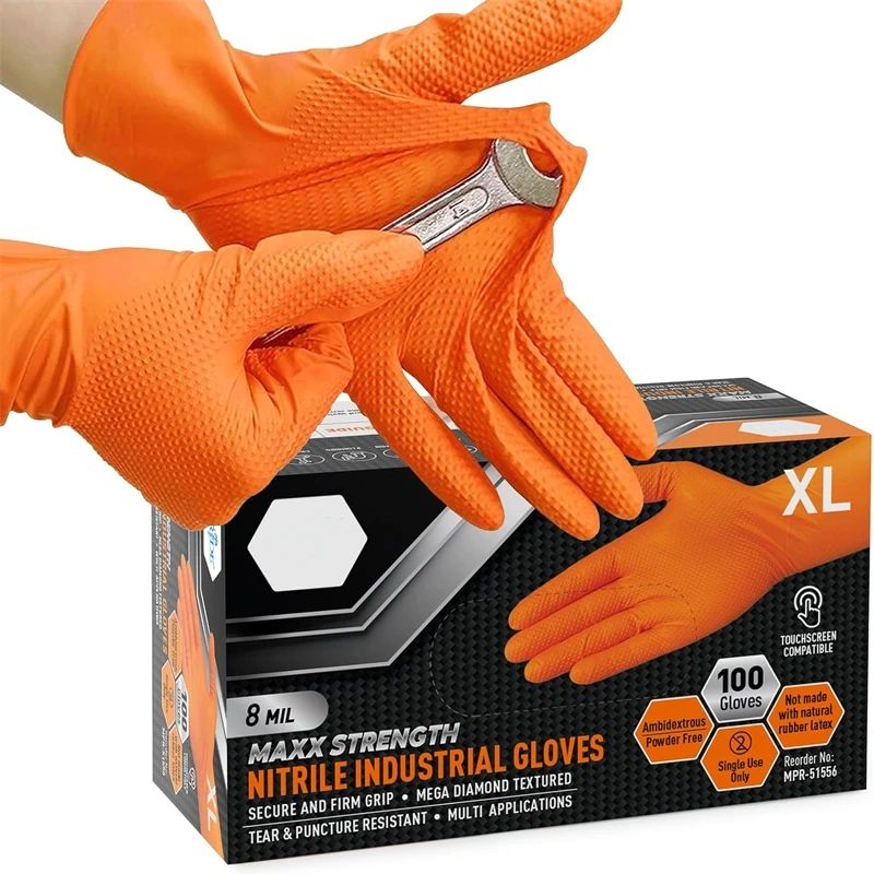 Heavy Duty 8 Mil Orange Nitrile Disposable Gloves With Diamond Textured Grip 0