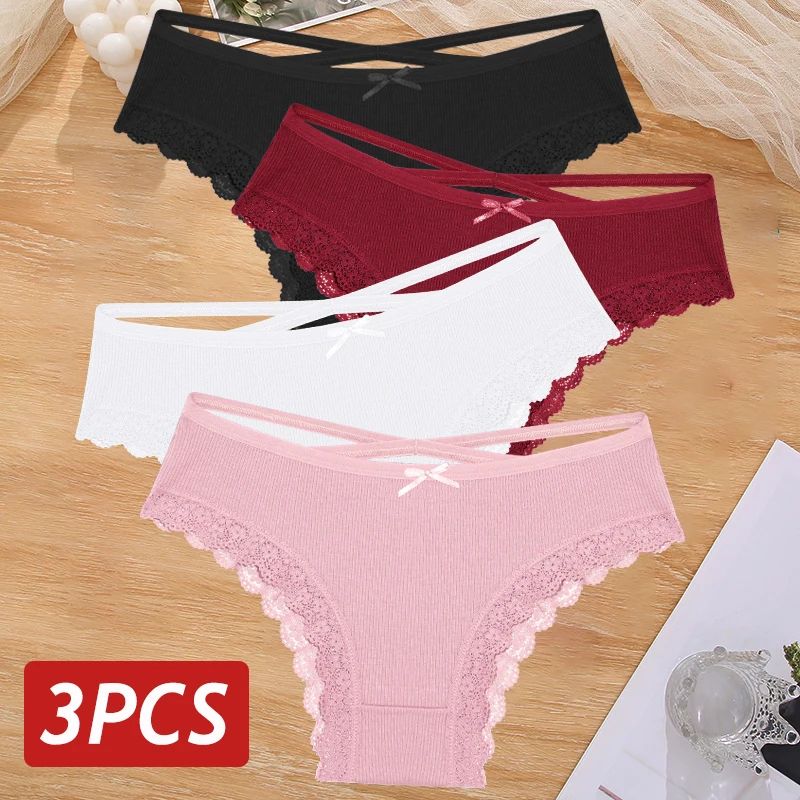 Womens 3Piece Cotton LowRise Lace Brazilian Panties Set Breathable Soft Underwear SXL 0