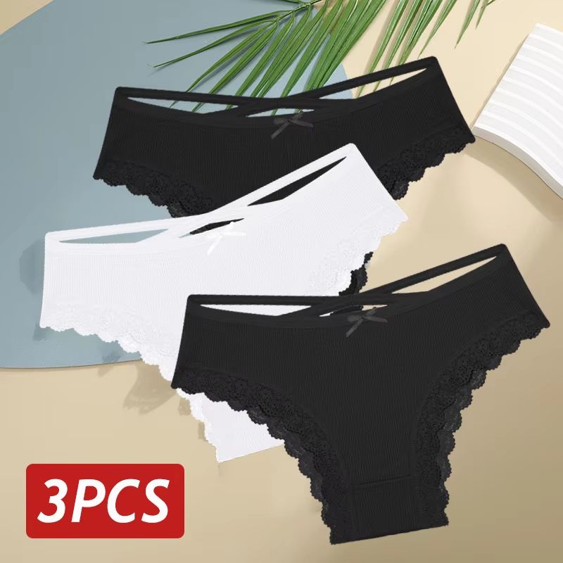 Womens 3Piece Cotton LowRise Lace Brazilian Panties Set Breathable Soft Underwear SXL 9