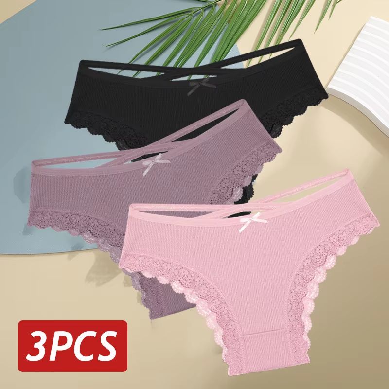 Womens 3Piece Cotton LowRise Lace Brazilian Panties Set Breathable Soft Underwear SXL 12