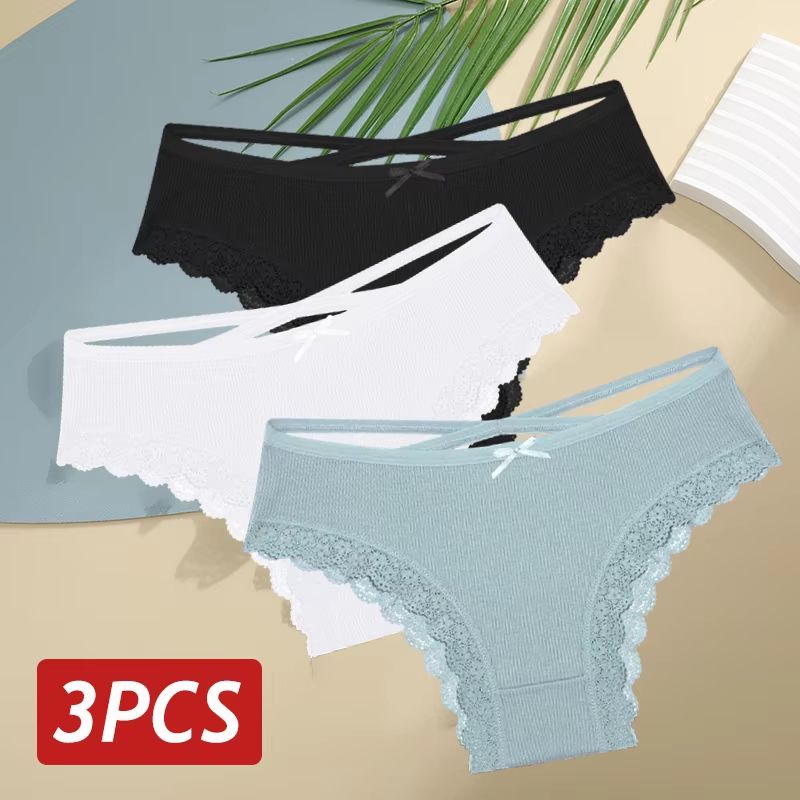 Womens 3Piece Cotton LowRise Lace Brazilian Panties Set Breathable Soft Underwear SXL 14