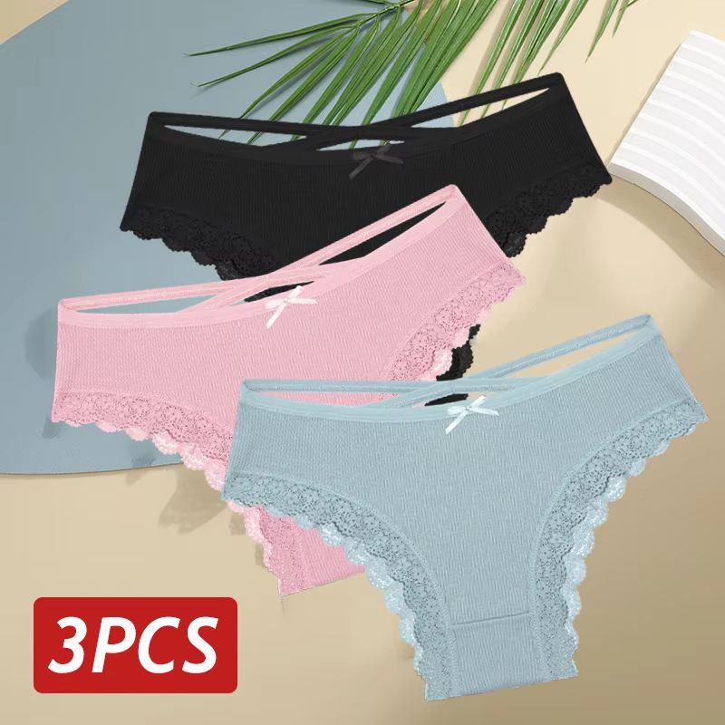 Womens 3Piece Cotton LowRise Lace Brazilian Panties Set Breathable Soft Underwear SXL 17