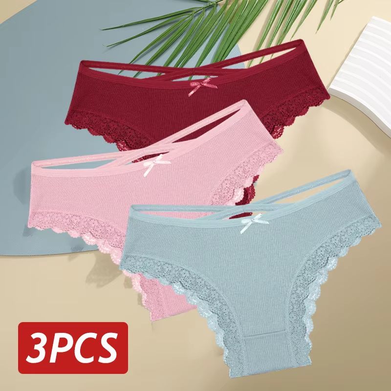 Womens 3Piece Cotton LowRise Lace Brazilian Panties Set Breathable Soft Underwear SXL 18