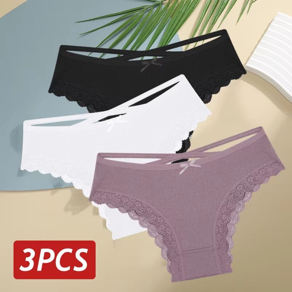 Womens 3Piece Cotton LowRise Lace Brazilian Panties Set Breathable Soft Underwear SXL 7