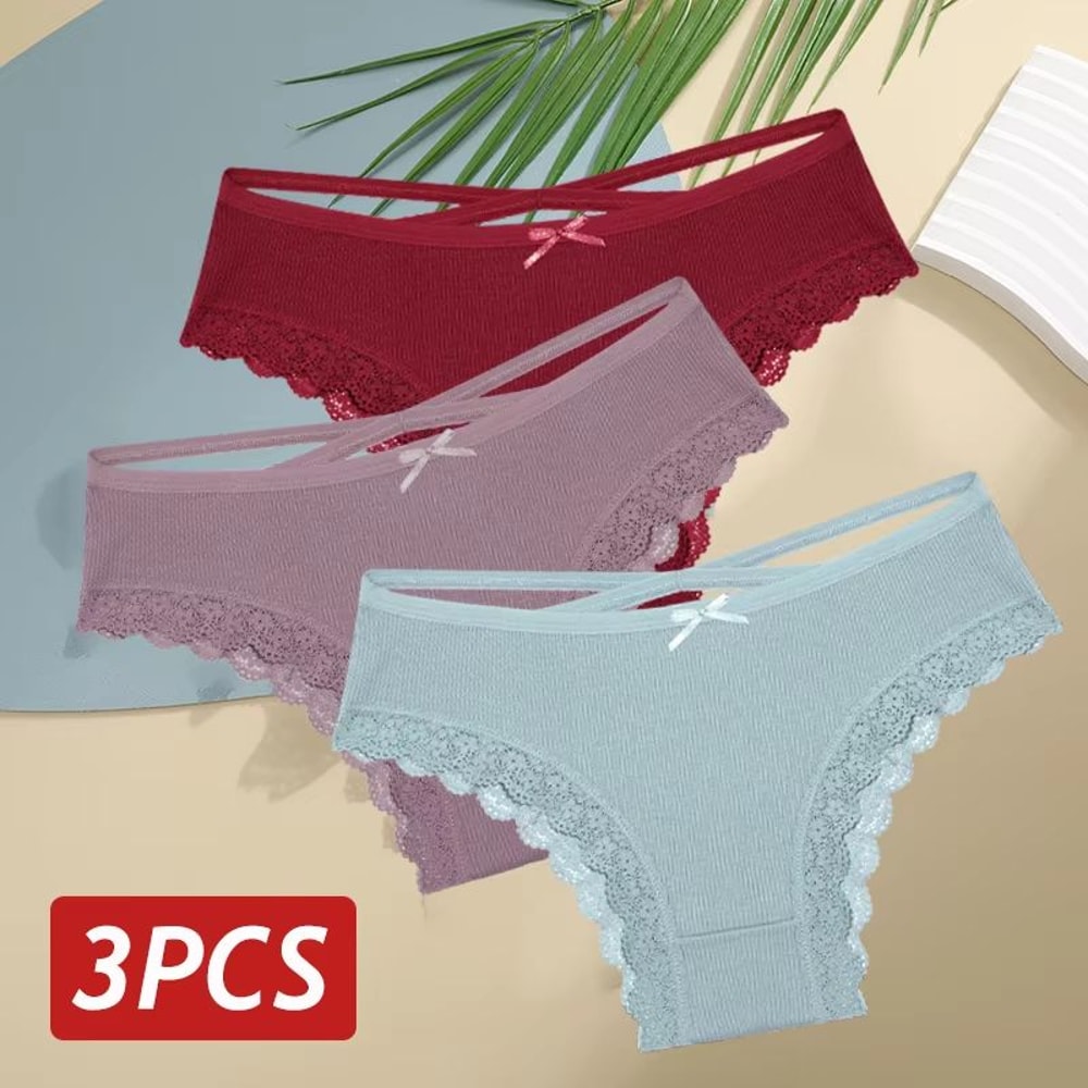 Womens 3Piece Cotton LowRise Lace Brazilian Panties Set Breathable Soft Underwear SXL 20