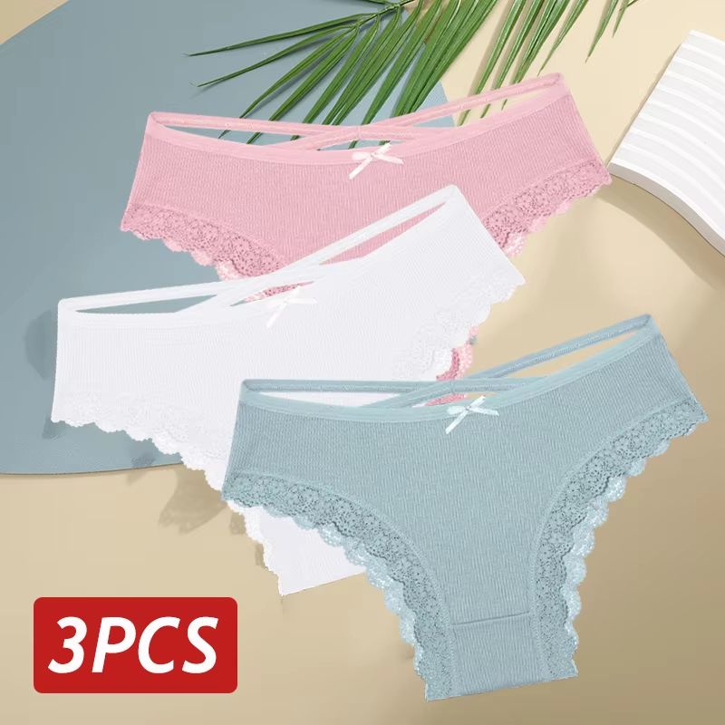 Womens 3Piece Cotton LowRise Lace Brazilian Panties Set Breathable Soft Underwear SXL 21