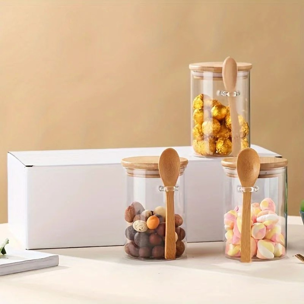 10 Oz 280 Ml Glass Storage Jar With Sealed Bamboo Lid And Spoon For Candy Biscuits And Bulk Food 0