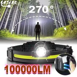 powerful led headlamp with xpe plus cob, 7 modes, motion sensor, 18650 rechargeable for fishing and hunting