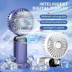 handheld mini foldable portable fan with neck hanging strap 5-speed usb rechargeable and phone stand