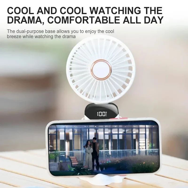 Handheld Mini Foldable Portable Fan With Neck Hanging Strap 5Speed USB Rechargeable And Phone Stand 2