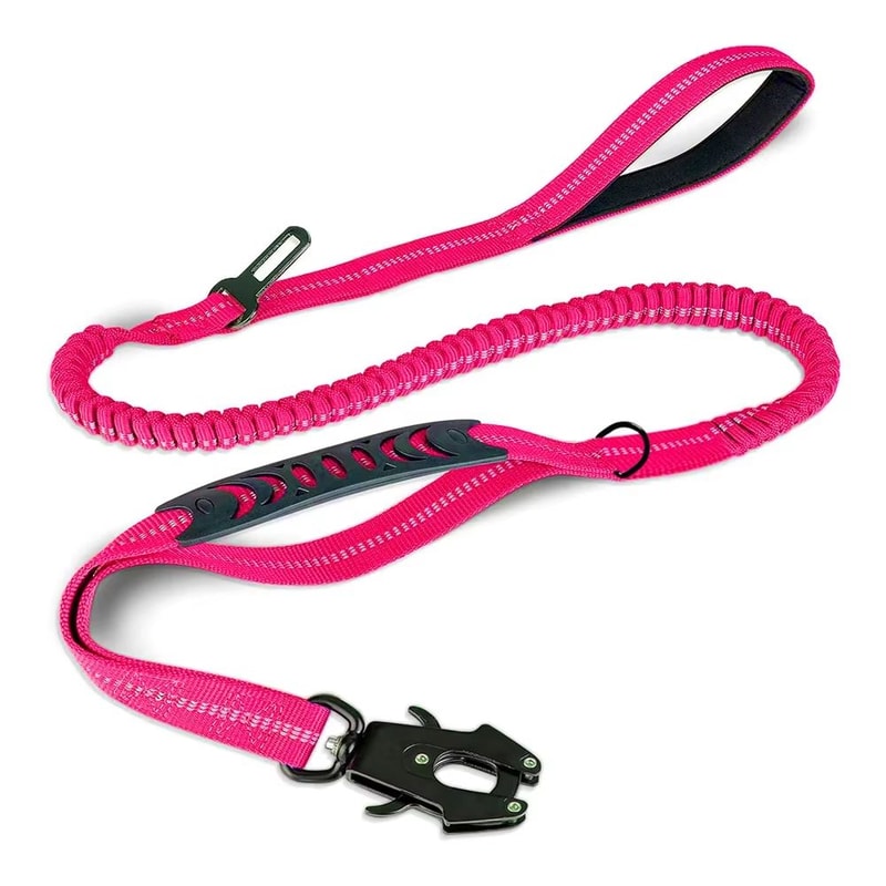Heavy Duty Tactical Bungee Dog Leash With Reflective Stitching And Car Seatbelt Clip For Large Dogs 11