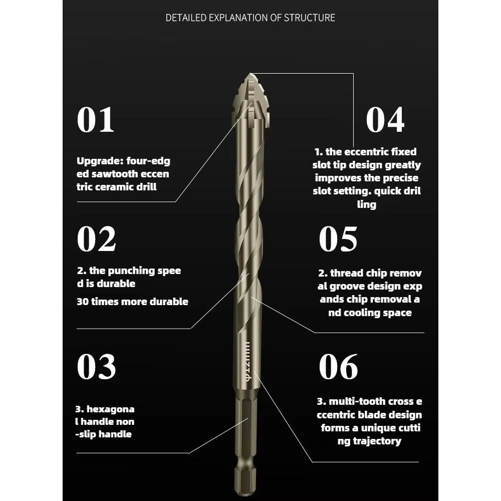 HighPerformance FourEdged Serrated Eccentric Tile Drill Bit For Ceramic Glass Marble Concrete Stain 3