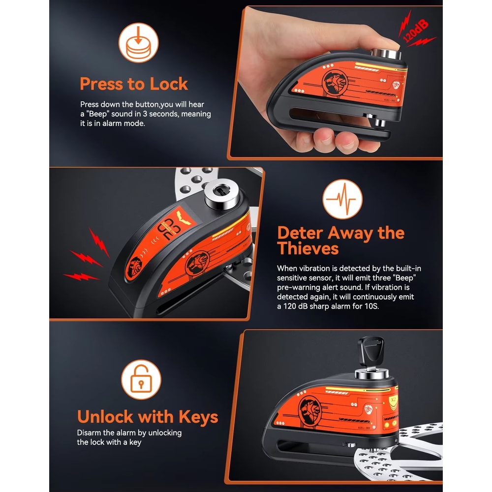 Anti Theft Motorcycle Disc Brake Lock With 120dB Alarm Waterproof Security 5