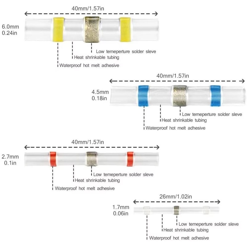 WOZOBUY Waterproof HeatShrink Wire Connectors SST21 AWG 2218 SolderSeal Butt Splice Terminals 3