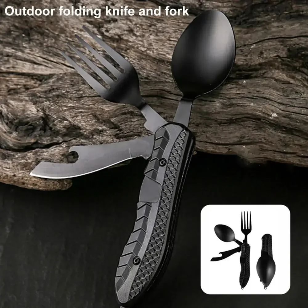 ThreeinOne Camping MultiTool Folding Knife Spoon Fork With Bottle Opener 5