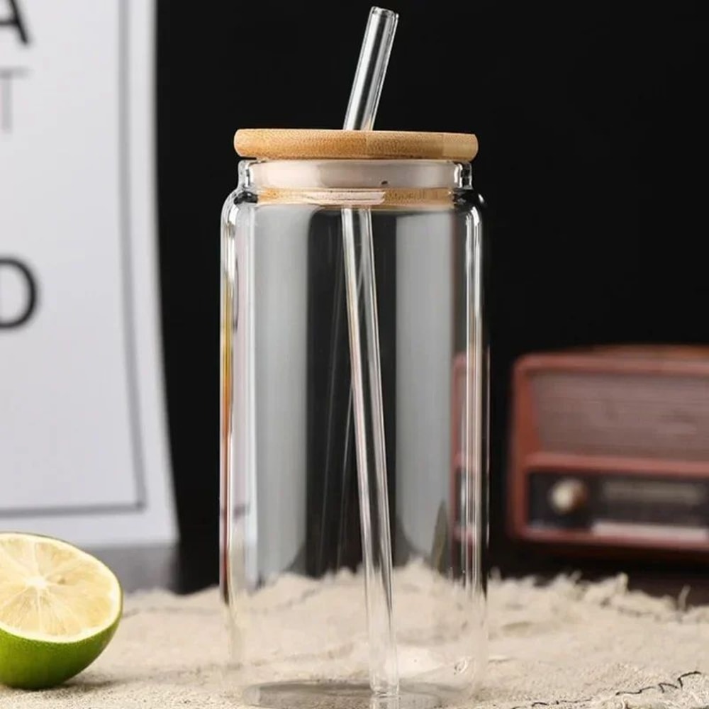 HeatResistant Glass Straw Cup With Dustproof Wooden Lid Transparent Drinking Bottle 1
