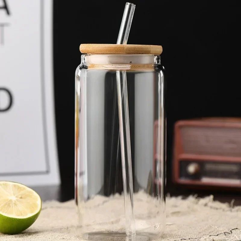HeatResistant Glass Straw Cup With Dustproof Wooden Lid Transparent Drinking Bottle 1