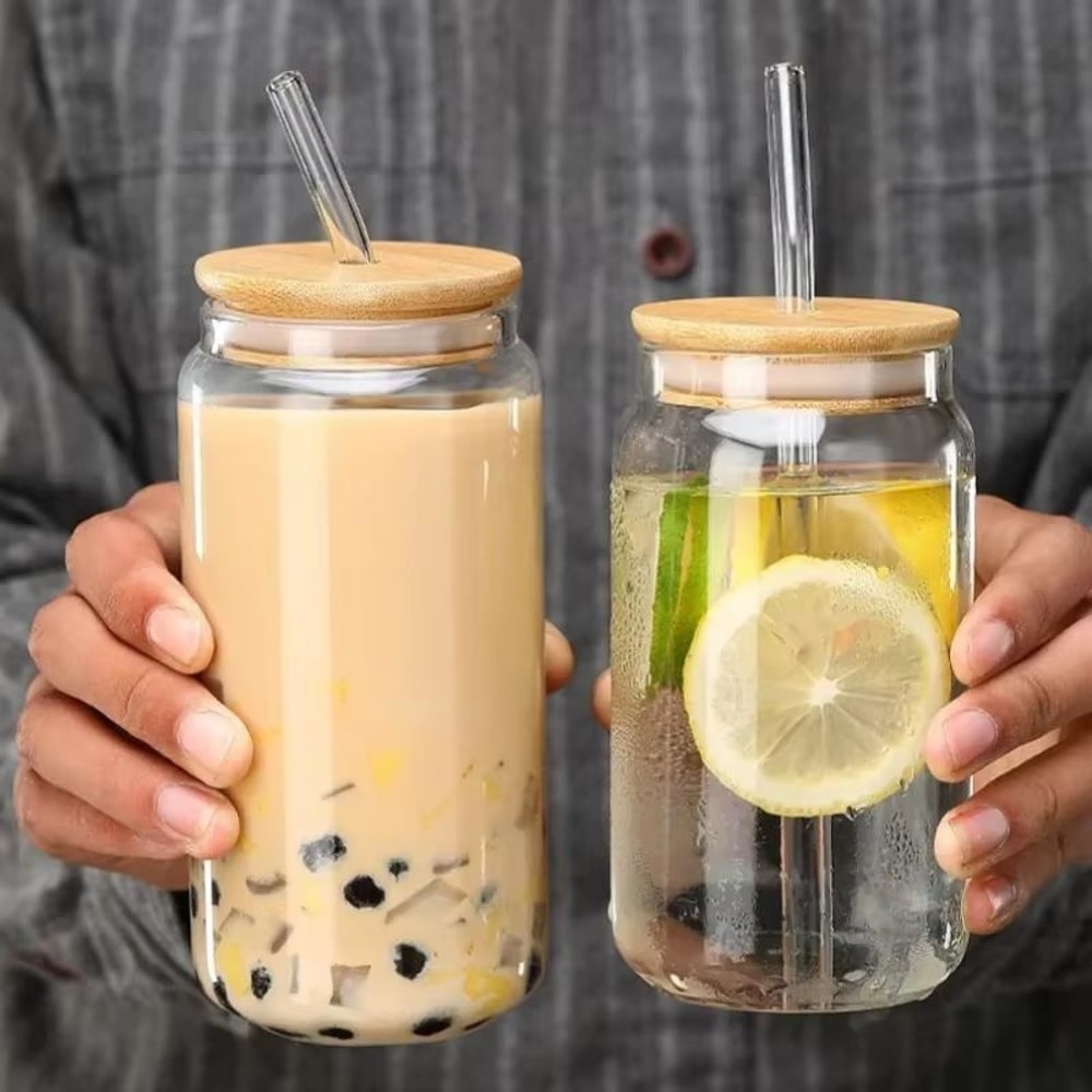HeatResistant Glass Straw Cup With Dustproof Wooden Lid Transparent Drinking Bottle 2