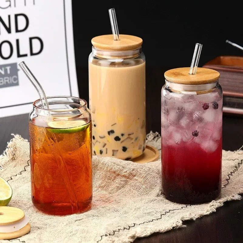HeatResistant Glass Straw Cup With Dustproof Wooden Lid Transparent Drinking Bottle 3