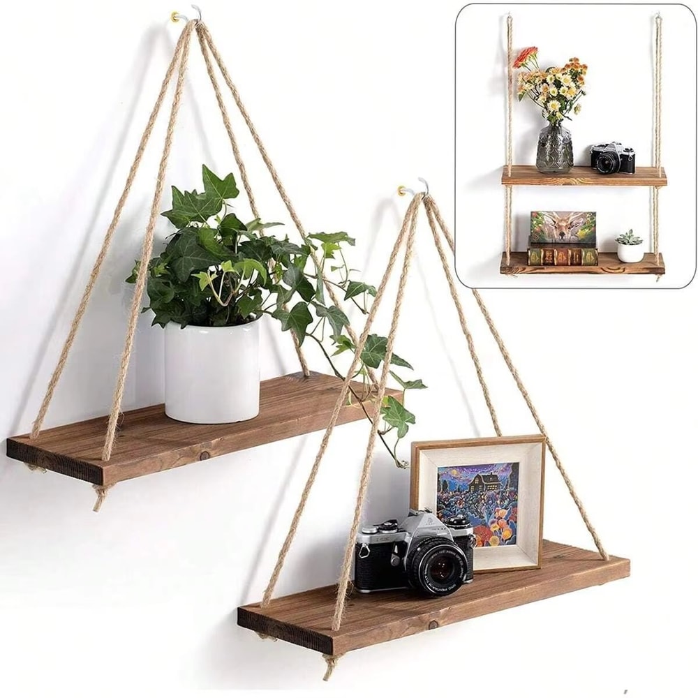 TINSOL WallHanging Wooden Flower Pot Storage Rack With Rope 0