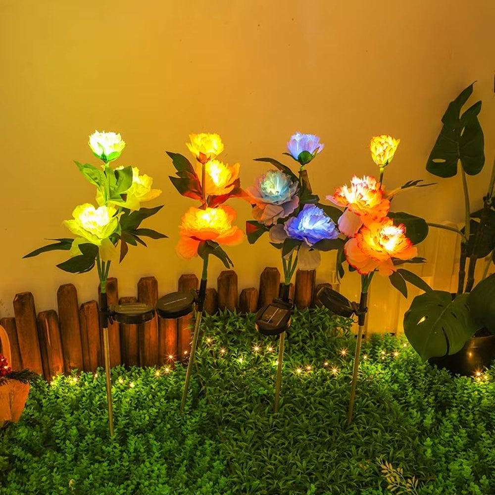 Solar Peony Flower Garden Lights 3 Head Waterproof Pink Pathway Stake Lamps 2