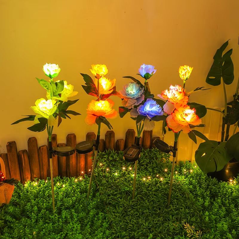 Solar Peony Flower Garden Lights 3 Head Waterproof Pink Pathway Stake Lamps 2