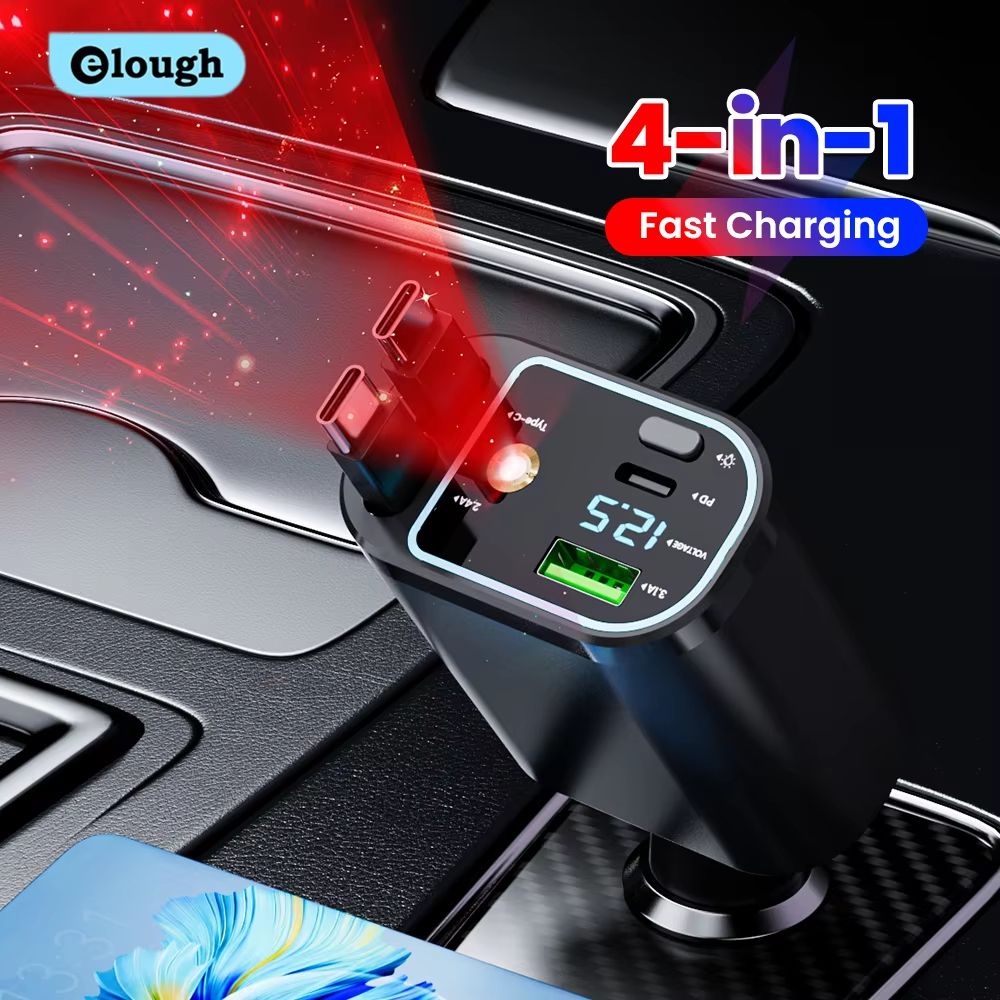 4 In 1 Retractable Car Charger With Dual Built In Cables And Star Light Effect 0