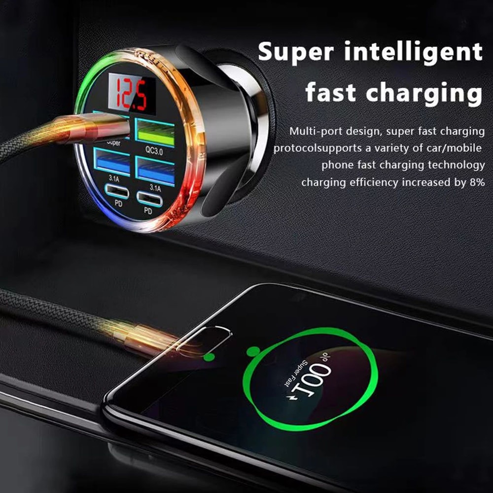 UYUXIO 6 In 1 Car Charger Dual PD USB C Fast Car Charger With Voltage Display And Color Light 4