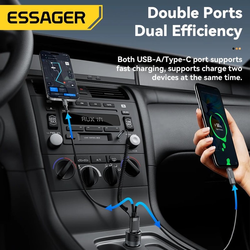 Essager Bluetooth 53 Car AUX Adapter With PD35W Fast Charging And QC30W Dual Port 1
