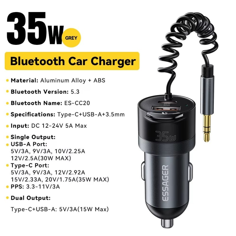 Essager Bluetooth 53 Car AUX Adapter With PD35W Fast Charging And QC30W Dual Port 6