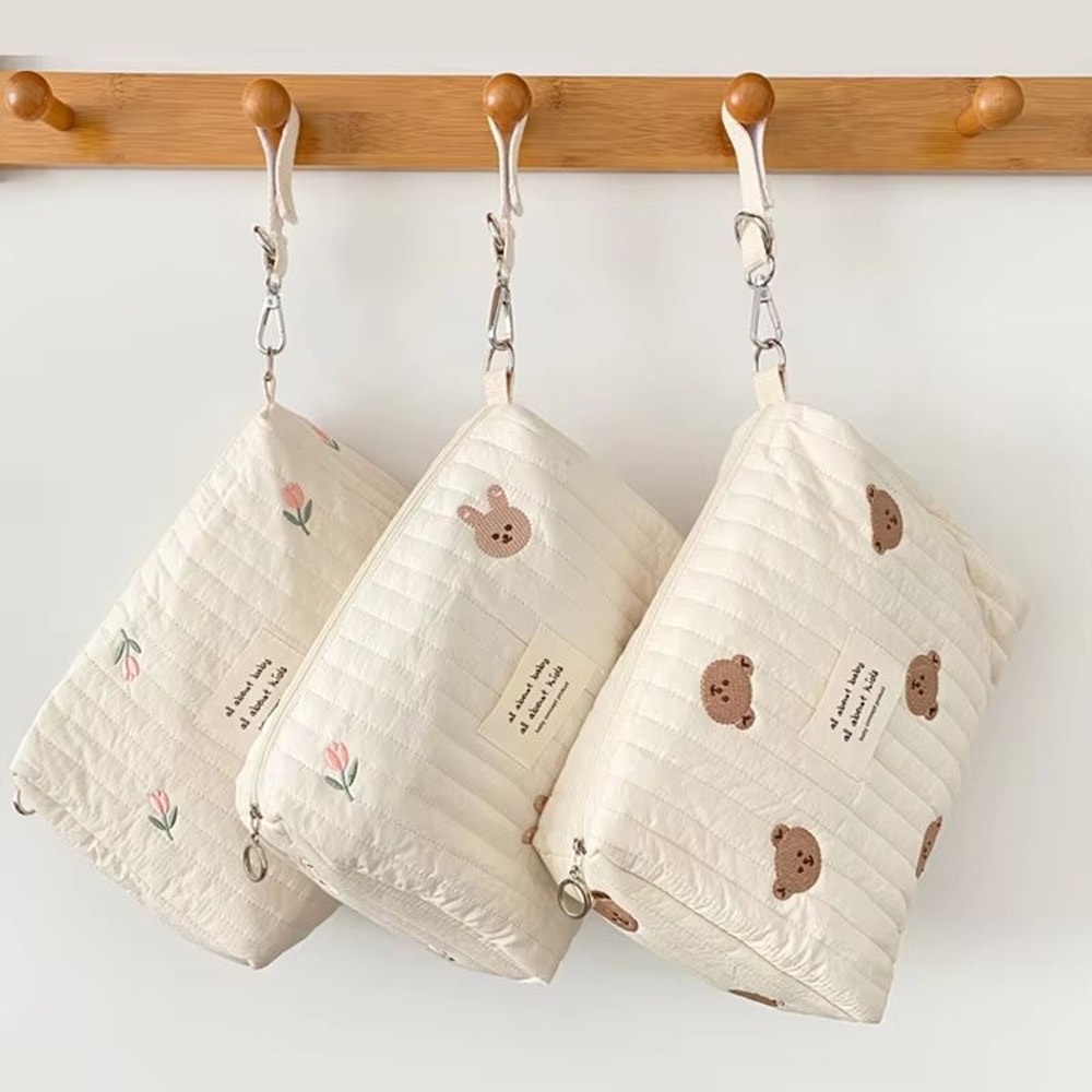 Embroidered Mommy Diaper Bag With Zipper And Stroller Storage Pouches 0