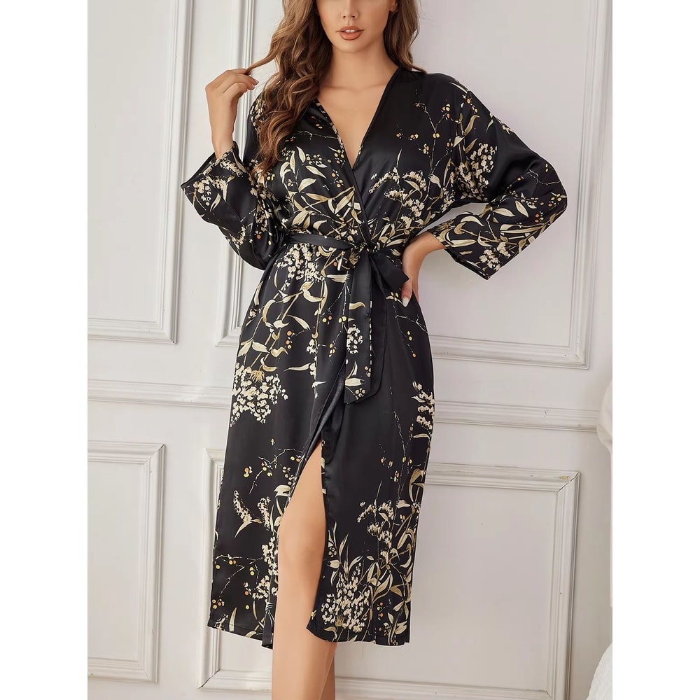 Womens Floral Silk Loungewear Robe With Long Sleeves AllSeason Comfort 7