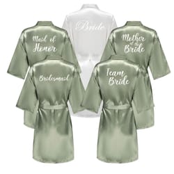 grass green satin bridal party robes with white letter bridesmaid style