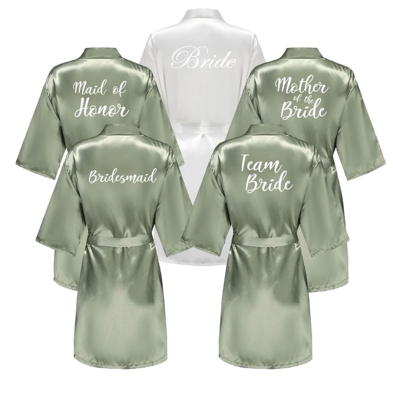 Grass Green Satin Bridal Party Robes With White Letter Bridesmaid Style 0