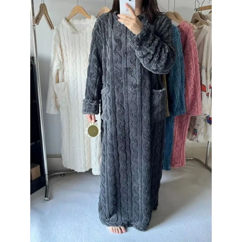 Womens Winter Coral Velvet Jacquard Sleepwear Gown Warm Loungewear 1
