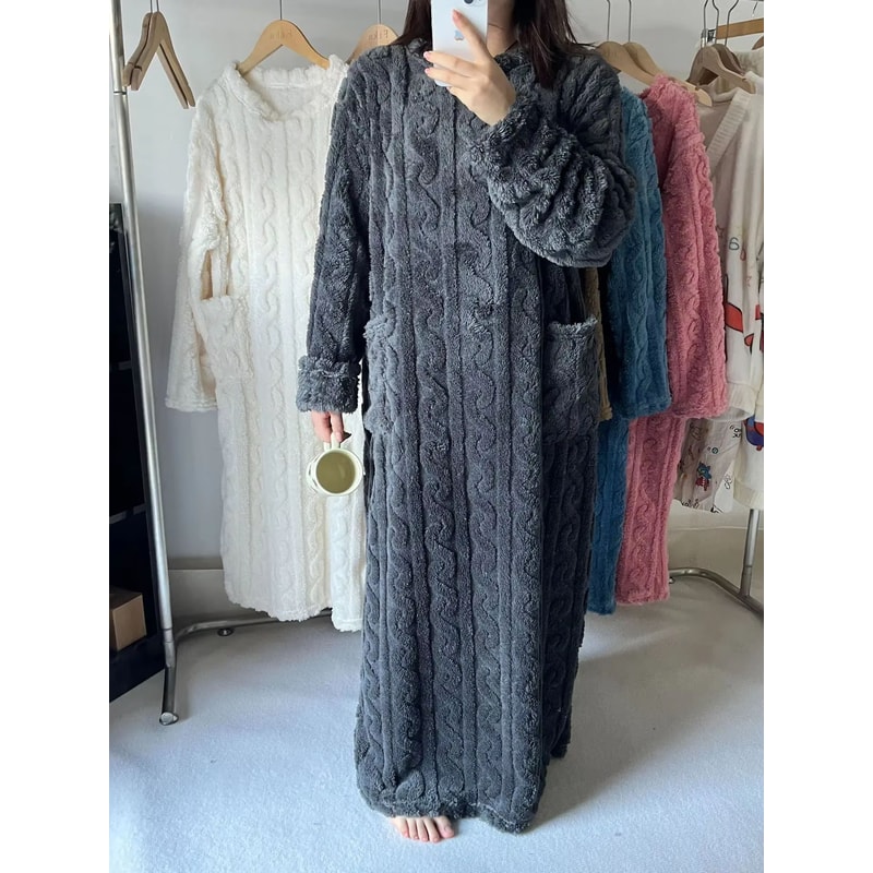 Womens Winter Coral Velvet Jacquard Sleepwear Gown Warm Loungewear 8