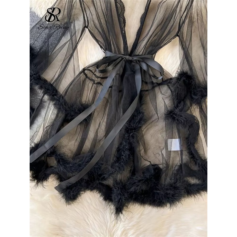 SINGREINY Sheer Lace Shapewear Robe For Women With Long Sleeves 4