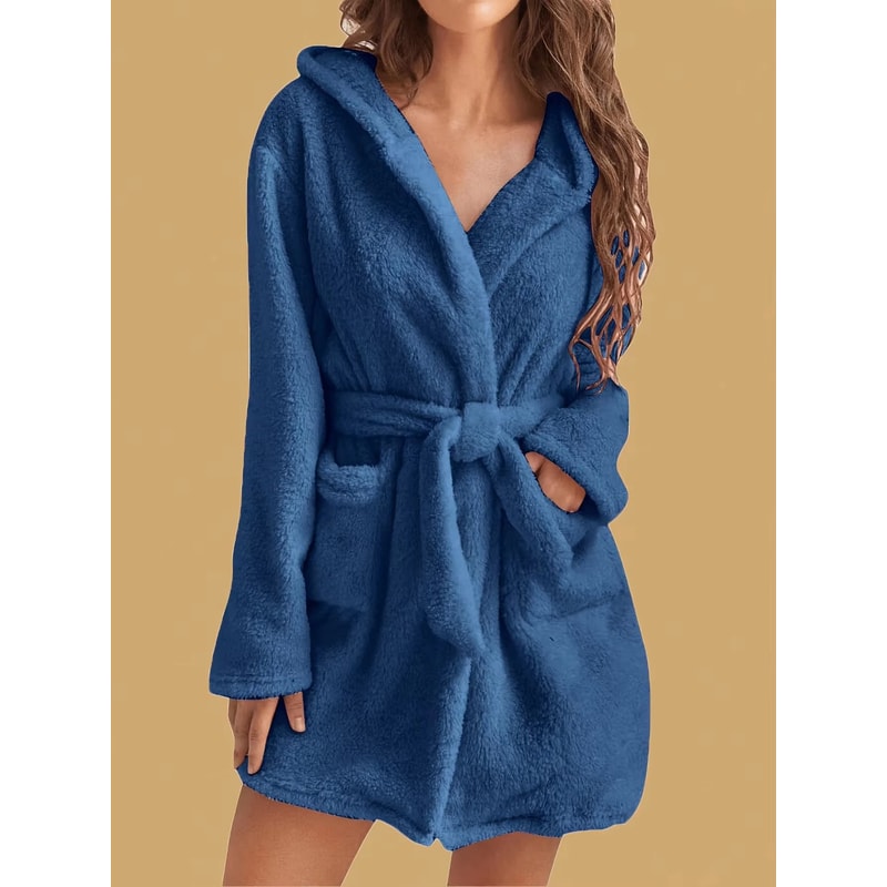 Womens Cozy Hooded Fleece Robe With Belt For Autumn Winter Loungewear 4