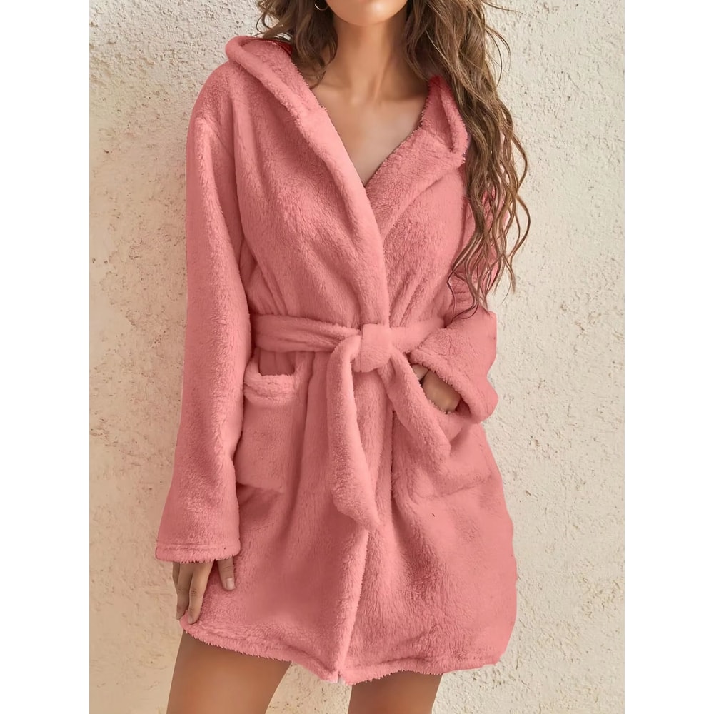 Womens Cozy Hooded Fleece Robe With Belt For Autumn Winter Loungewear 6