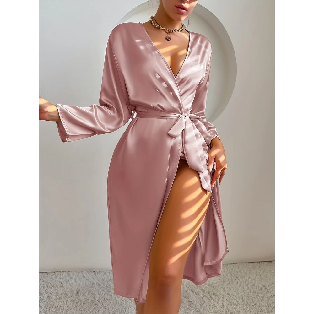 Womens Elegant Satin Robe With Belt For Silky Comfort Loungewear 9