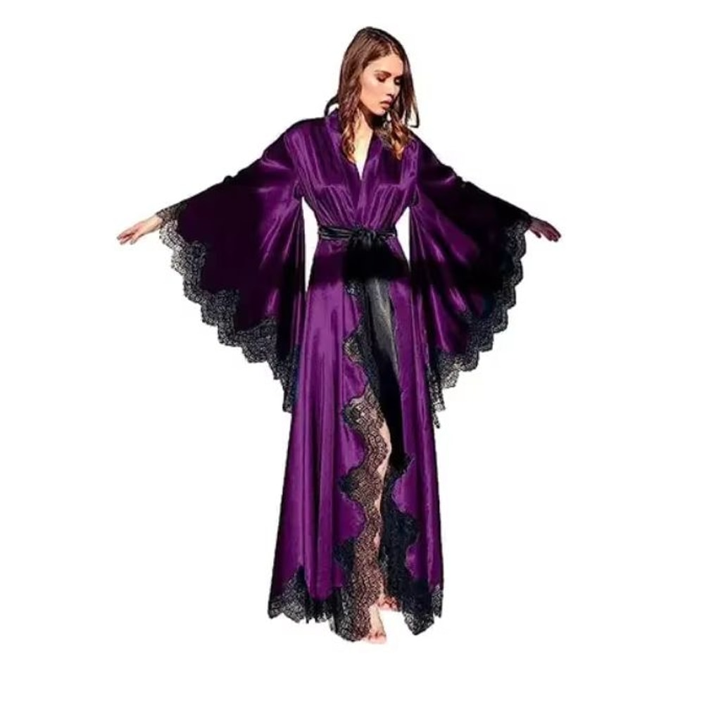 Womens Long Black Silk Satin Lace Trim Kimono Robe For Photo Shoot And Wedding 9