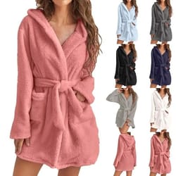 women's winter fluffy plush hooded bathrobe warm loungewear gown