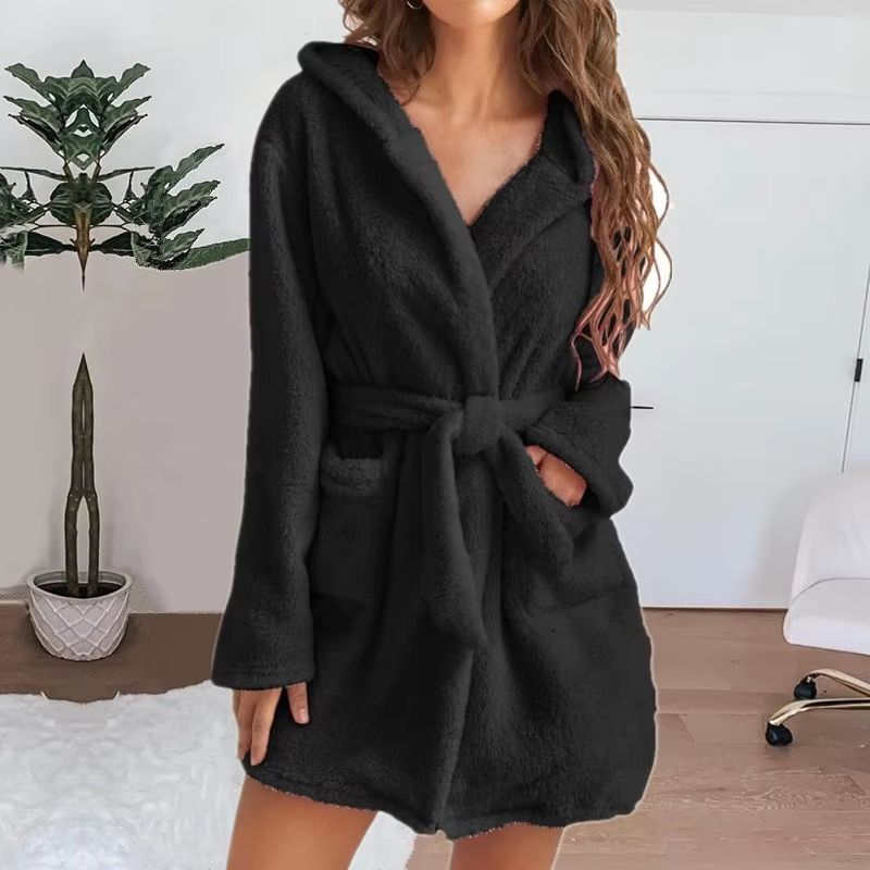 Womens Winter Fluffy Plush Hooded Bathrobe Warm Loungewear Gown 3