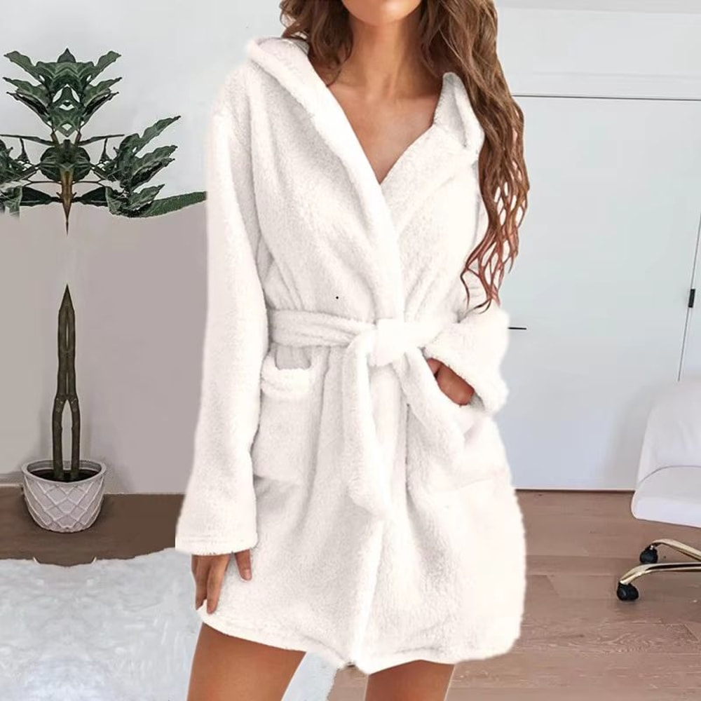 Womens Winter Fluffy Plush Hooded Bathrobe Warm Loungewear Gown 5