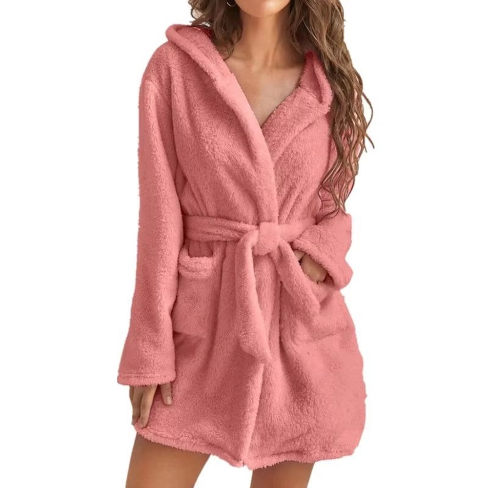 Womens Winter Fluffy Plush Hooded Bathrobe Warm Loungewear Gown 6