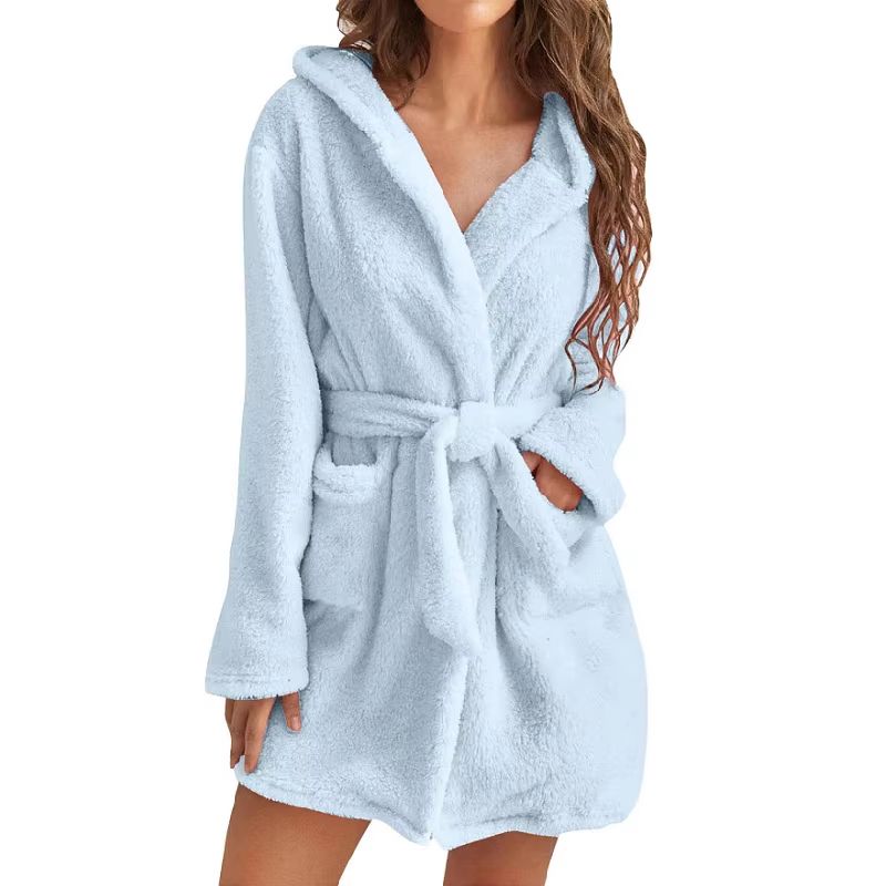 Womens Winter Fluffy Plush Hooded Bathrobe Warm Loungewear Gown 8