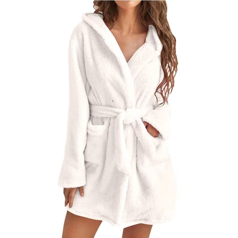 Womens Winter Fluffy Plush Hooded Bathrobe Warm Loungewear Gown 12
